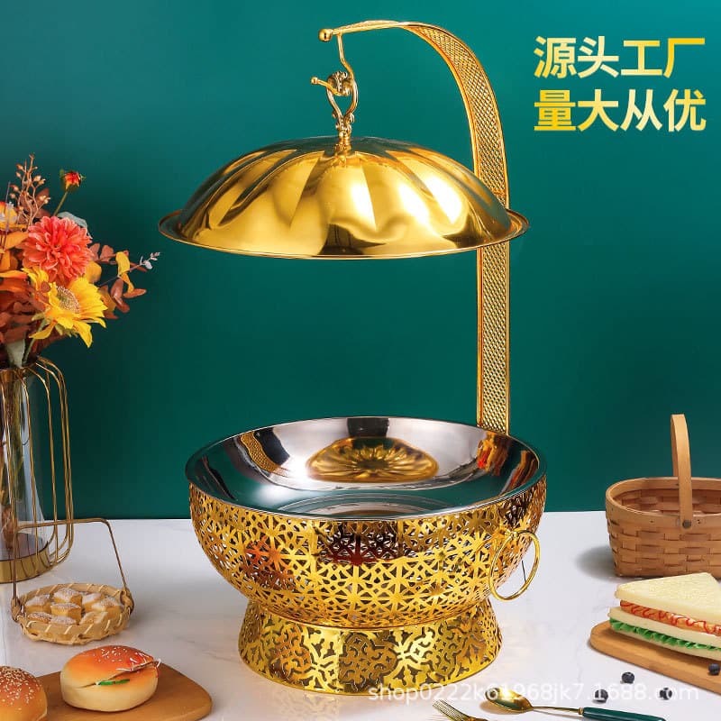 Cross-border supply luxury lace stainless steel golden alcohol stove hotel restaurant buffet stove with hanging lid insulation stove