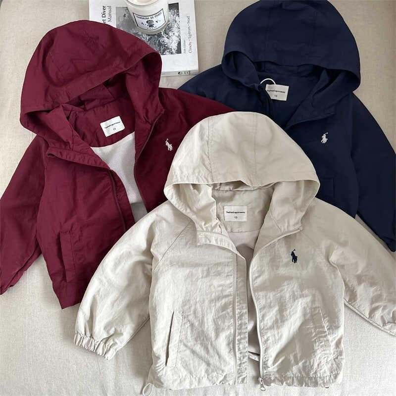 Kids Jacket 2026 Autumn Style Boys Girls Color Hooded Windbreaker Baby Japanese Trendy Pocket Outdoor Coat In Stock