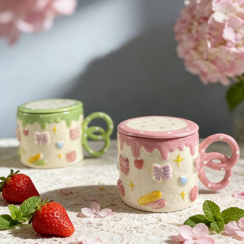 Cute Pink Cake Ceramic Mug with Lid, Embossed Bow Design, Breakfast Cup for Women
