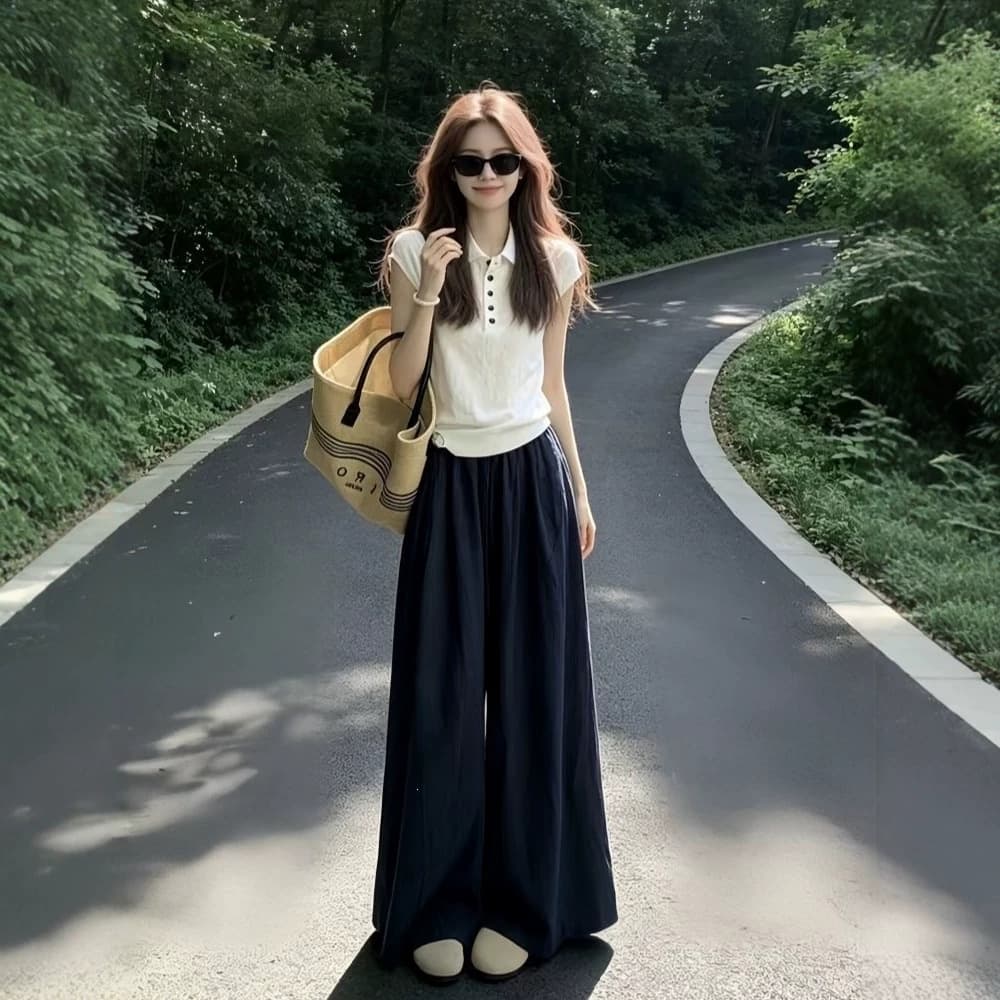 Korean Super Nice Outfit Full Set 2026 New White Polo Short Sleeve Women Summer Casual Wide-Leg Pants Set