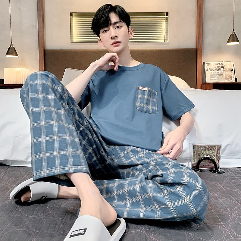 Men's Summer Short-Sleeve Pajama Set with Long Pants, Simple Homewear, Thin Cotton, Plus Size, Youth Student Casual Sleepwear