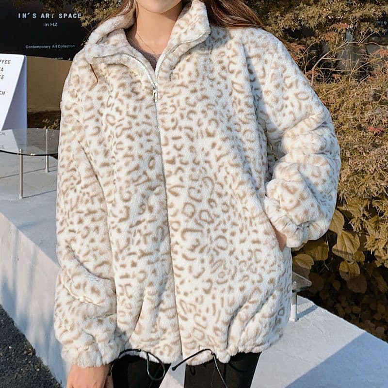 2022 New Winter Korean Style Lambskin Leopard Print Plush Short Coat, Faux Rabbit Fur Coat for Women