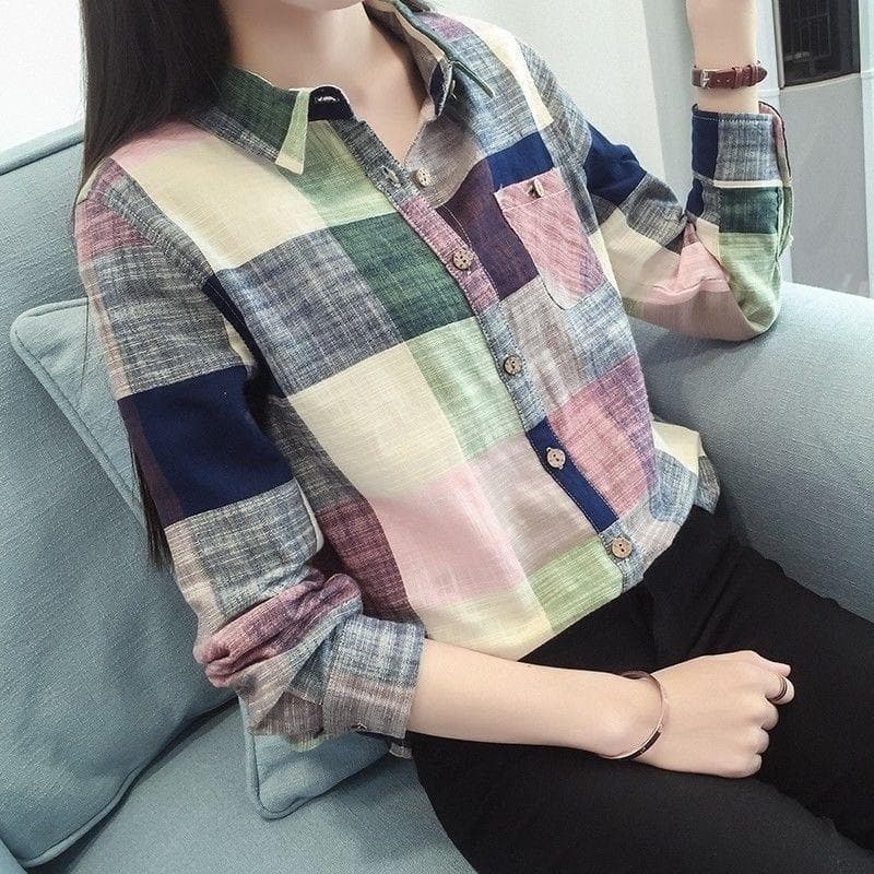 Cotton-linen style plaid shirt women's spring/autumn Korean style loose long-sleeve versatile blouse collar cardigan top