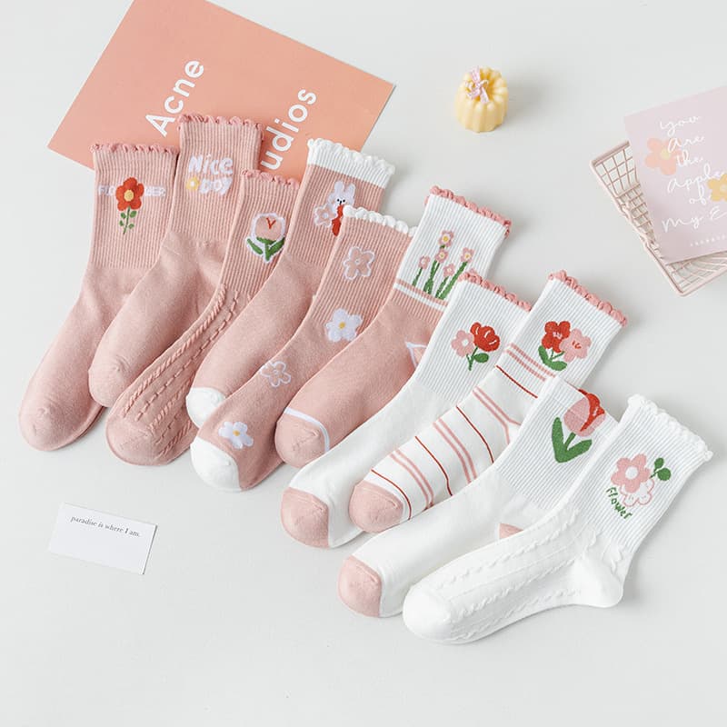 Zhuji Socks Women's Spring and Summer New Mid-Calf Socks Pink Lace Girl's Socks Ins Trendy Stockings Cotton College Style Sweet