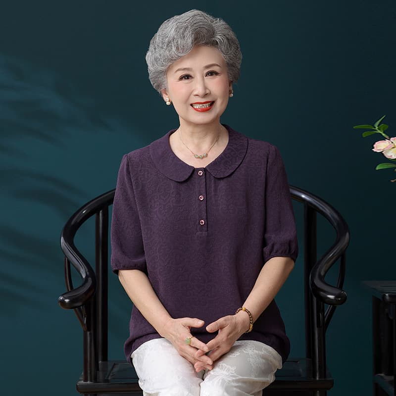 Mom's summer dress lapel short-sleeved T-shirt fashionable middle-aged and elderly women's summer pullover shirt loose grandma fashionable clothes