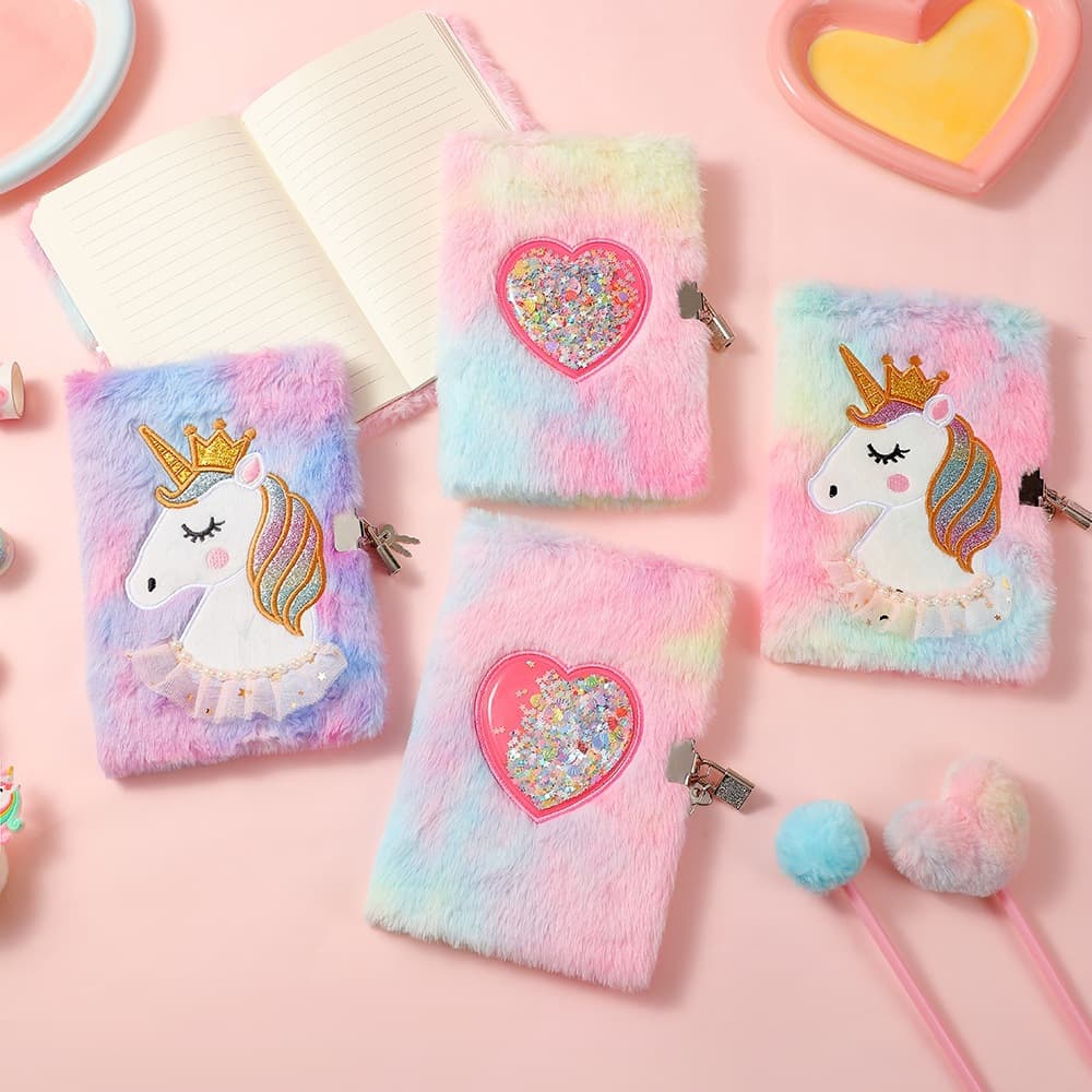 Back-to-School Cartoon Unicorn Plush Notebook A5 Lockable Diary Gift for Girls Journal