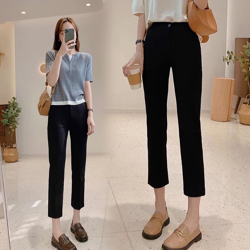 Ice Silk Draped Cigarette Pants for Women Spring Summer, Nine-tenths Length Suit Trousers, Black Petite Eight-tenths Length Casual Loose Straight Pants, Thin