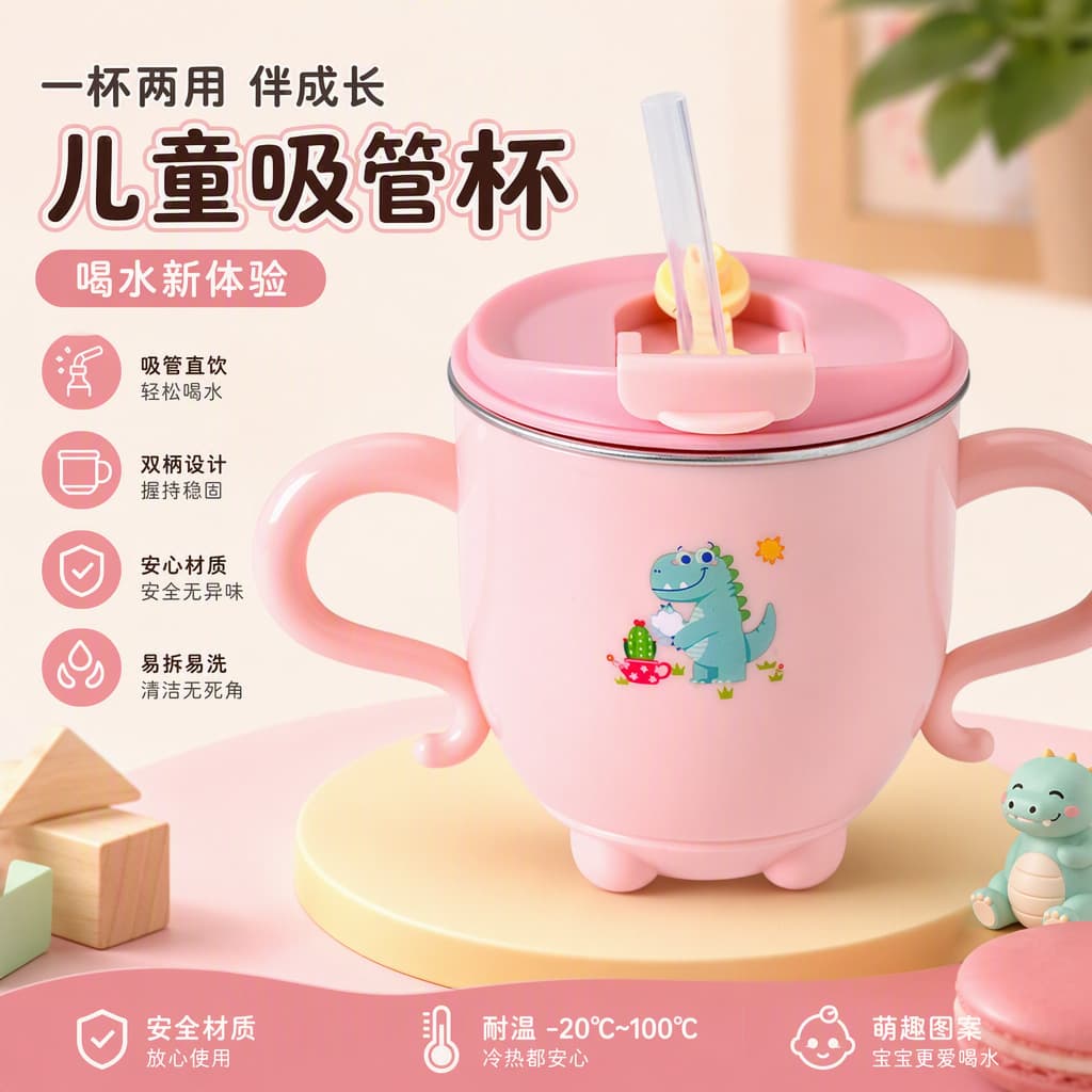 316 stainless steel children's sippy cup anti-fall binaural cup cartoon baby household milk cup learning drinking cup with scale