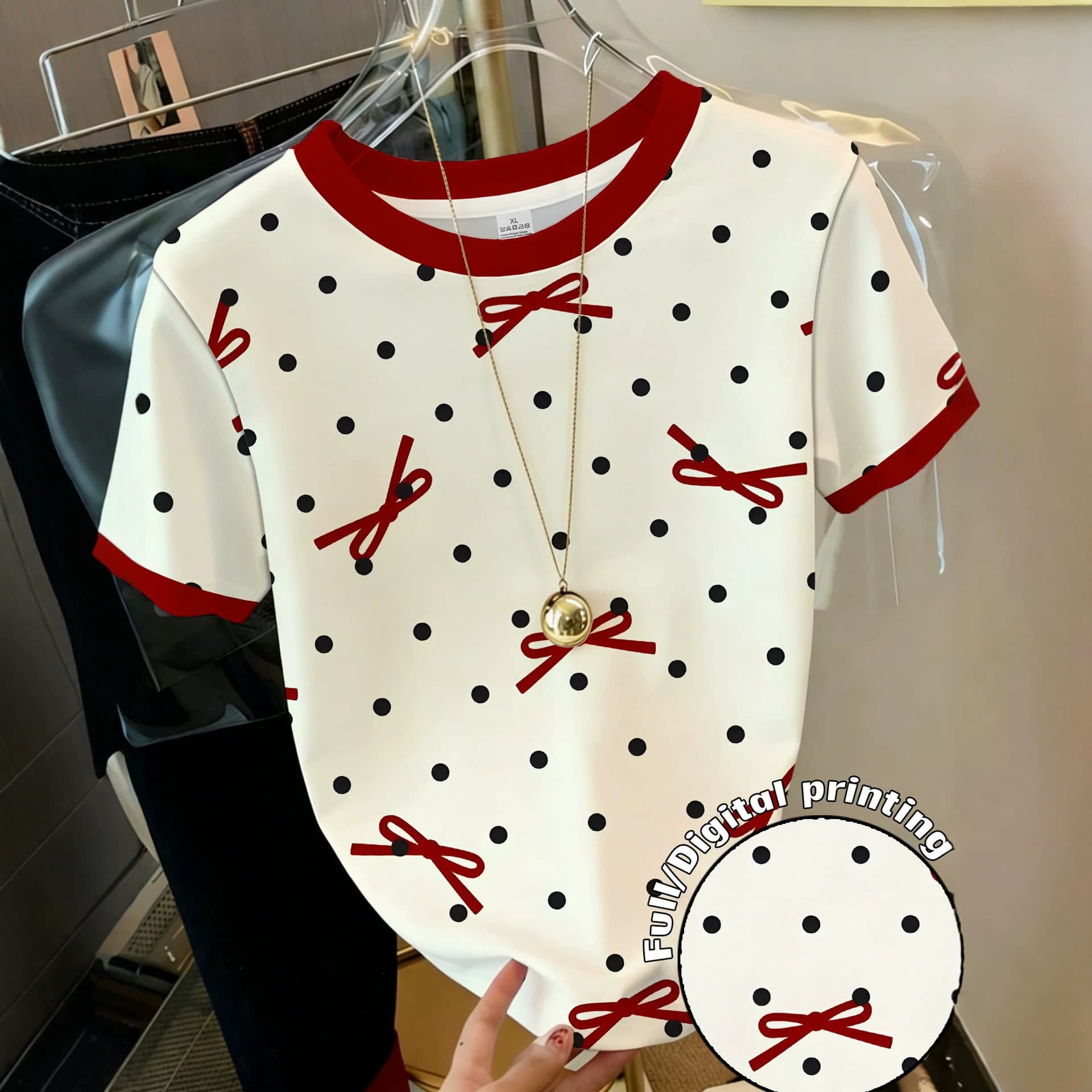 Red and White Color Block Polka Dot Bow Print Short Sleeve T-Shirt Breathable Casual Women's Top