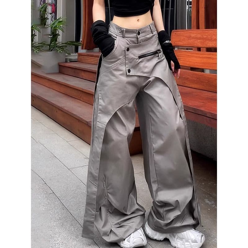 Designer Irregular Gray 2025 Summer New Trendy Two-Piece Ribbon Cargo Wide-Leg Pants for Women, Slimming Fashion