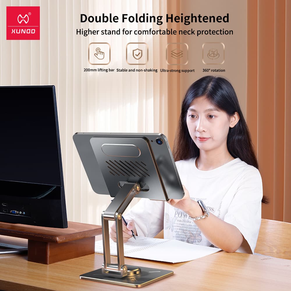 XUNDD Tablet Stand for iPad, Rotatable and Height-Adjustable Multi-Function iPhone Desktop Metal Foldable Stand