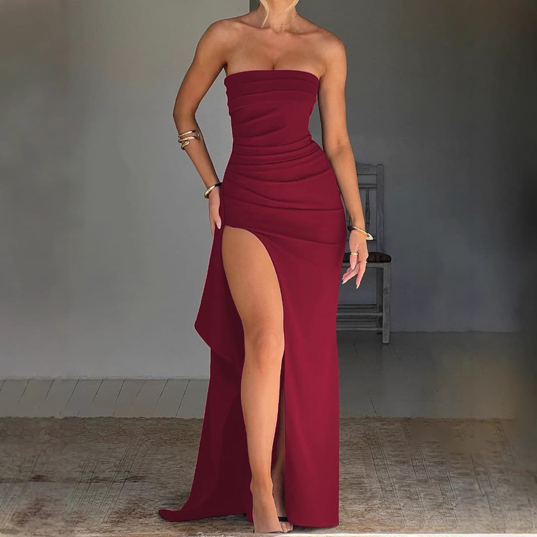 Amazon Wish Evening Dress Women's Off-Shoulder Strapless Bodycon Dress Fashion Sexy Backless High Slit Long Dress Summer