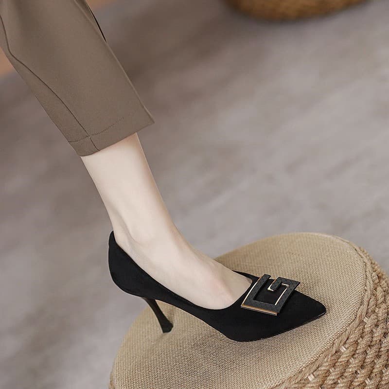 2026 Spring Autumn New Style Girls' Trendy Buckle French High Heels Women's Stiletto Pointed Toe Sexy Black Pumps