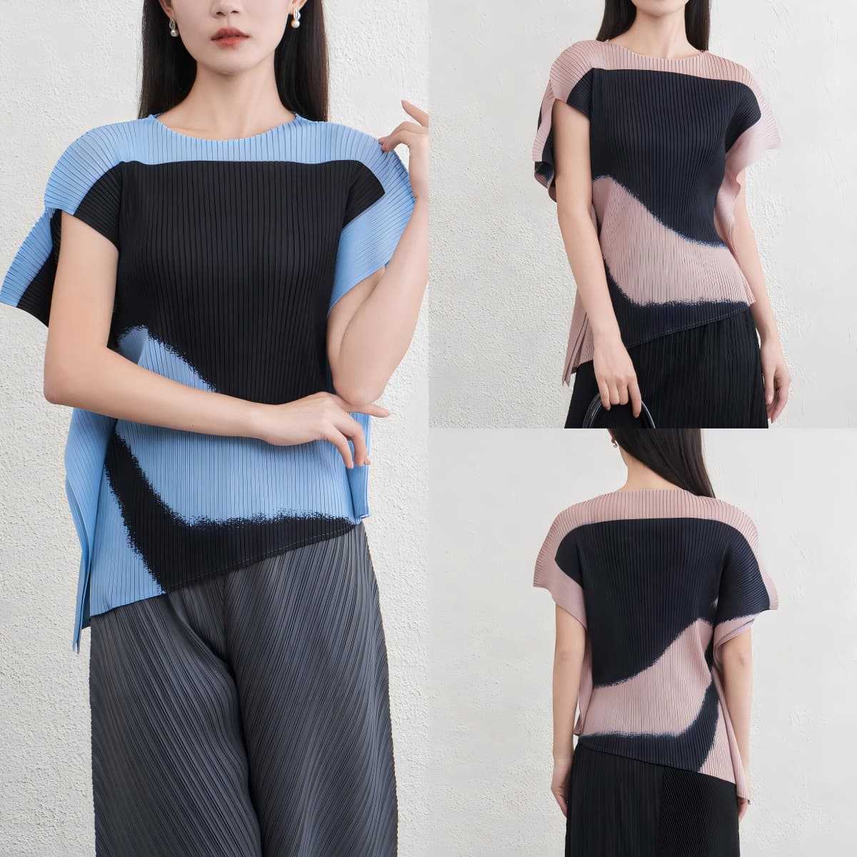 Miyake High-Quality Contrast Color Top for Women, New Summer Irregular Design Slim Fit Split Short Sleeve T-Shirt