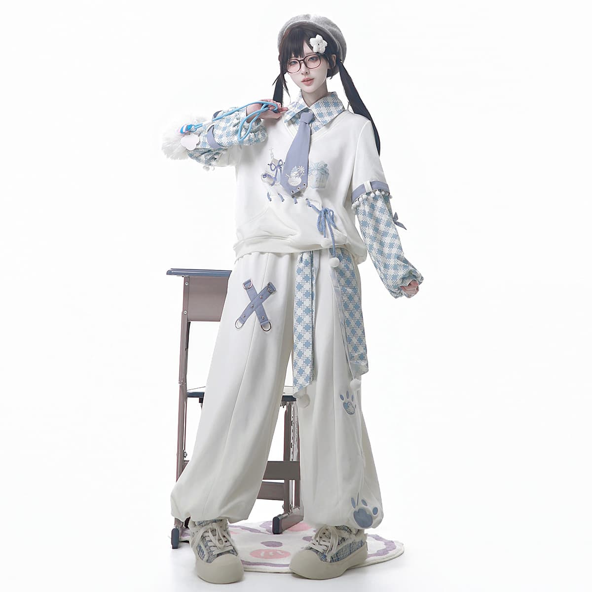 Xiong Dou Jiang Original Snowball Game Lolita Women's Lolita Sash Top Pants Belt Tie Set 9779