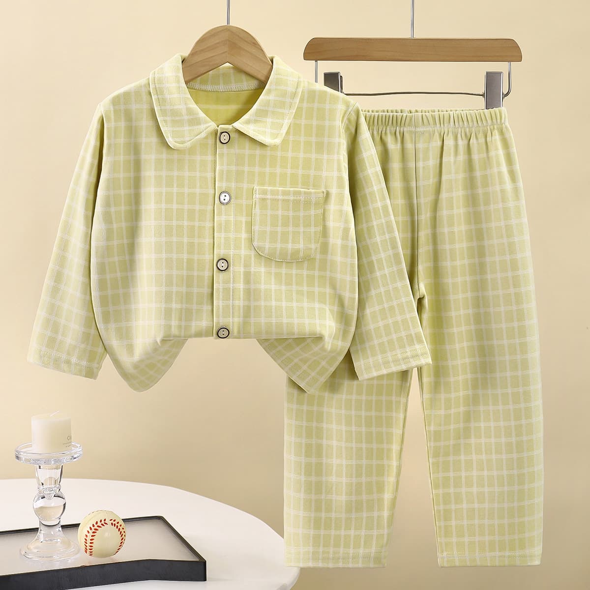 Children's Plaid Warm Fleece Turn-Down Collar Homewear, New Style Kids Homewear Set, Boys Pajamas Baby Home Clothes