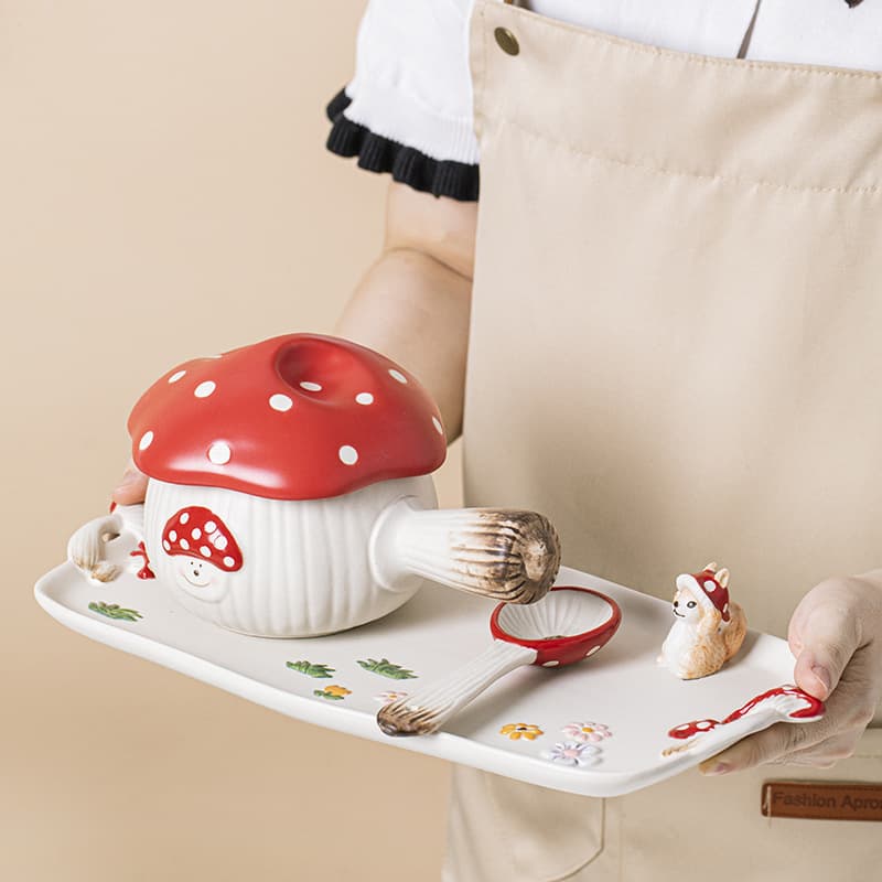Creative Cartoon Cute Girl Heart Red Mushroom Ceramic Tableware Single Handle Bowl Soup Pot Breakfast Plate Dim Sum Tray Spoon