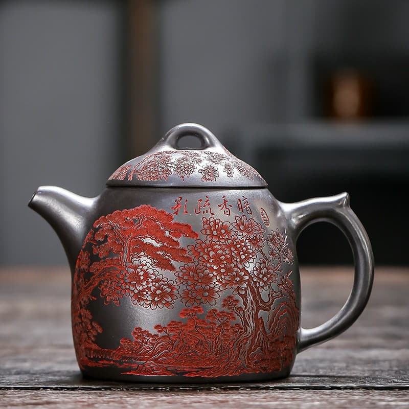 Master Handcrafted Purple Clay Carving 'Anxiang Shuying' Qin Quan Pot, Single Pot for Home and Office, Antique-Style Gift Kung Fu Tea Set