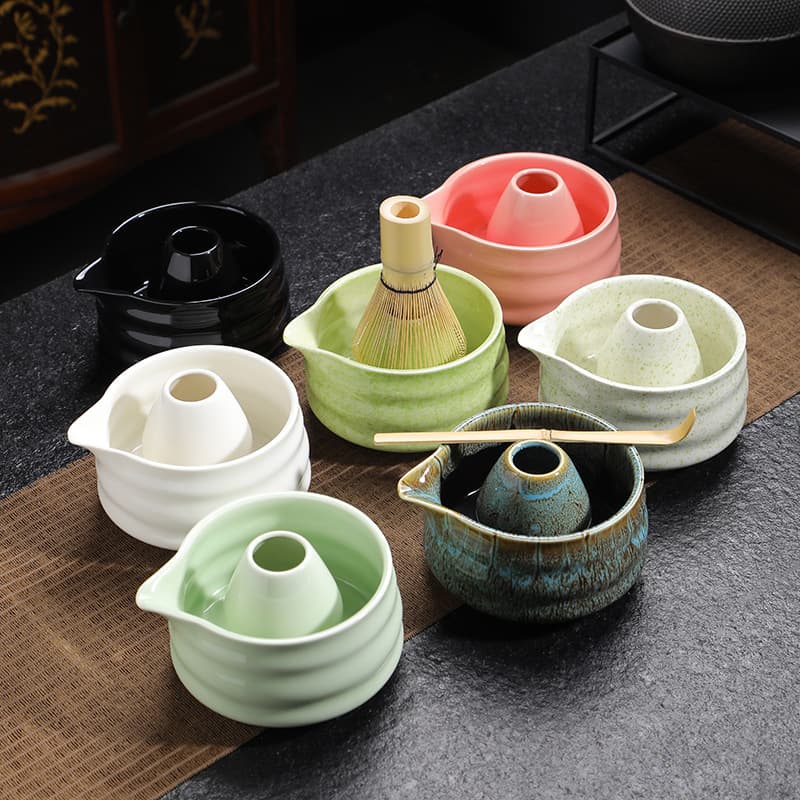 Japanese Koyohen Series Matcha Set, Chasen Hyakuhon-ritsu, Matcha Whisk, Matcha Bowl, Tea Scoop in Pink and Green with Spout