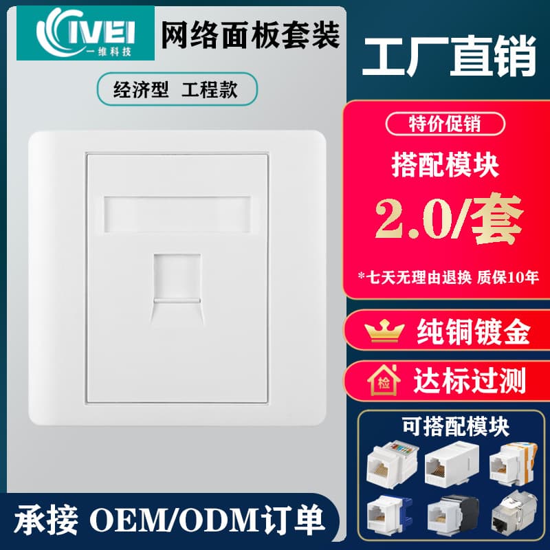 Economical 86 Single Dual Port Network Faceplate, Category 6 Module, Computer Socket Network Faceplate, Wiring Terminal Block