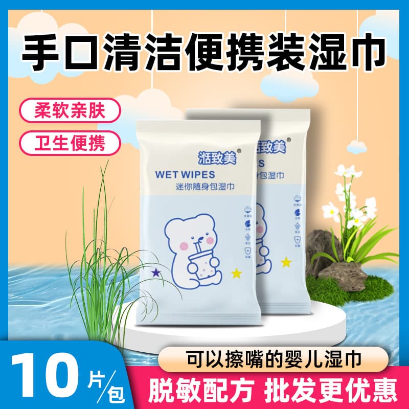 Portable Wet Wipes 10-Pack Small Pouch Hand and Mouth Cleaning Wipes for Children and Infants Mini Wipes Wholesale