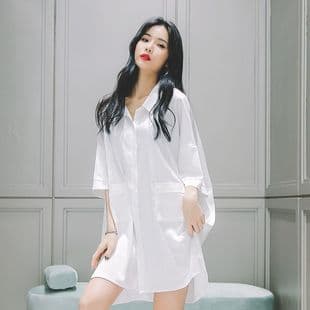Sexy Nightgown Sleepwear for Women, Short Sleeve Chiffon Midi Dress, Summer Loose Pure White Boyfriend Style Shirt, Palace Style Home Wear
