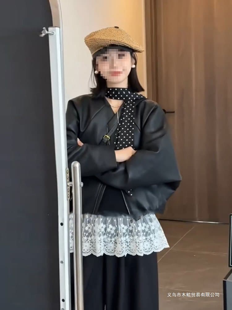 Women's Black Leather Jacket Short Style, 2025 Spring/Autumn New Arrival, Cool and Edgy Jacket Petite Motorcycle Chic