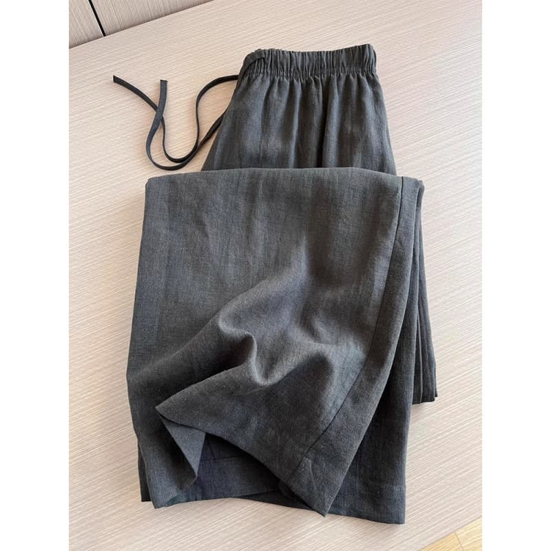 Minimalist Style~Black Tencel Linen Casual Pants for Women Elastic Waist Straight Floor-Length Trousers