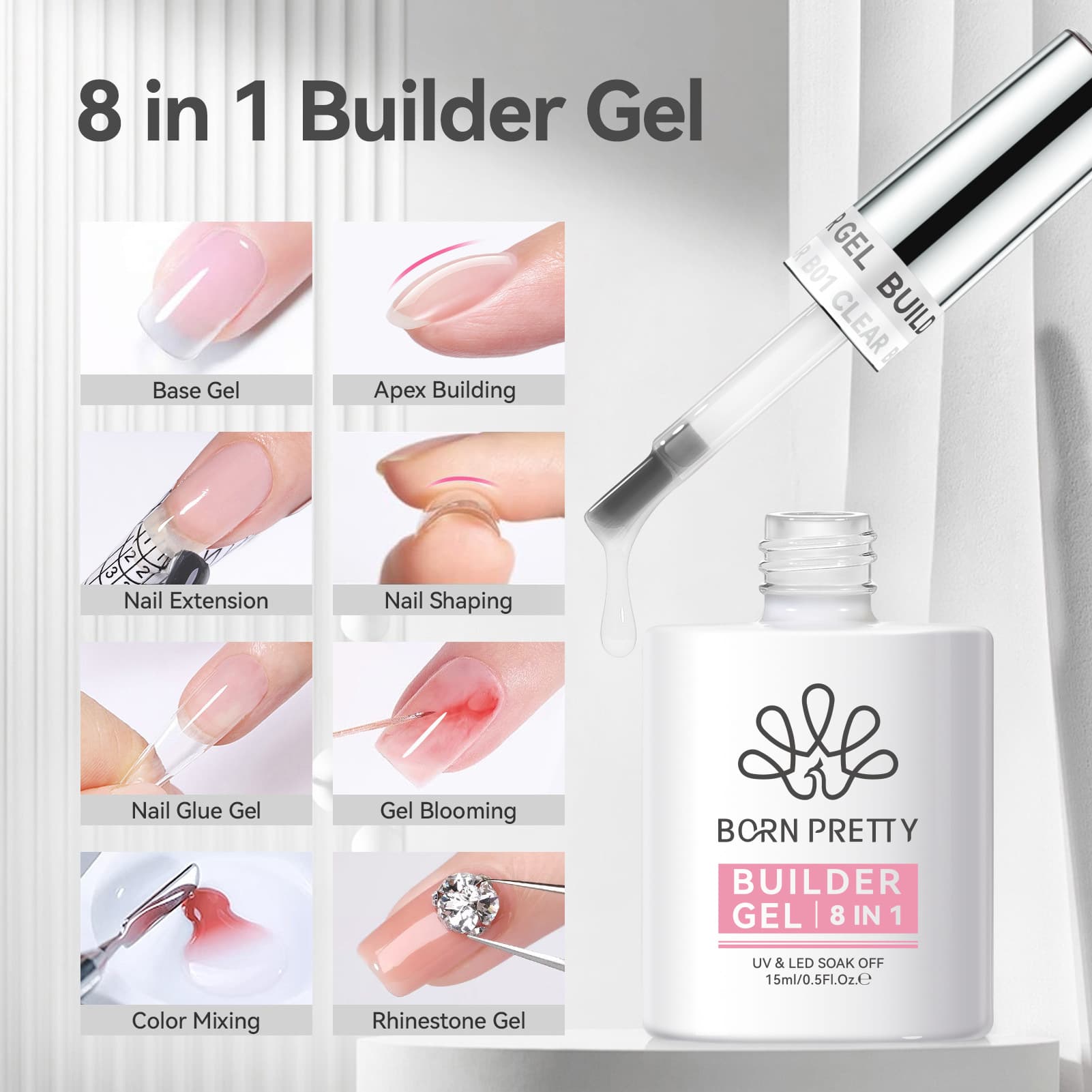 BORNPRETTY Nail Art 8-in-1 Multi-Function Gel Polish, Nail Tip Adhesive, Smudge, Water Drop Top Coat