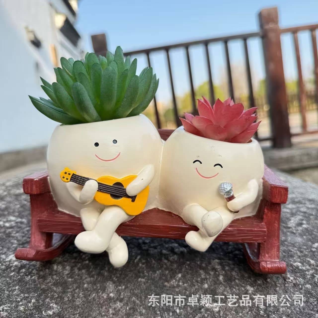 Cross-border Creative New Cute Bench Smile Reading Flower Pot Home Office Succulent Pot Sitting Double Flower Pot
