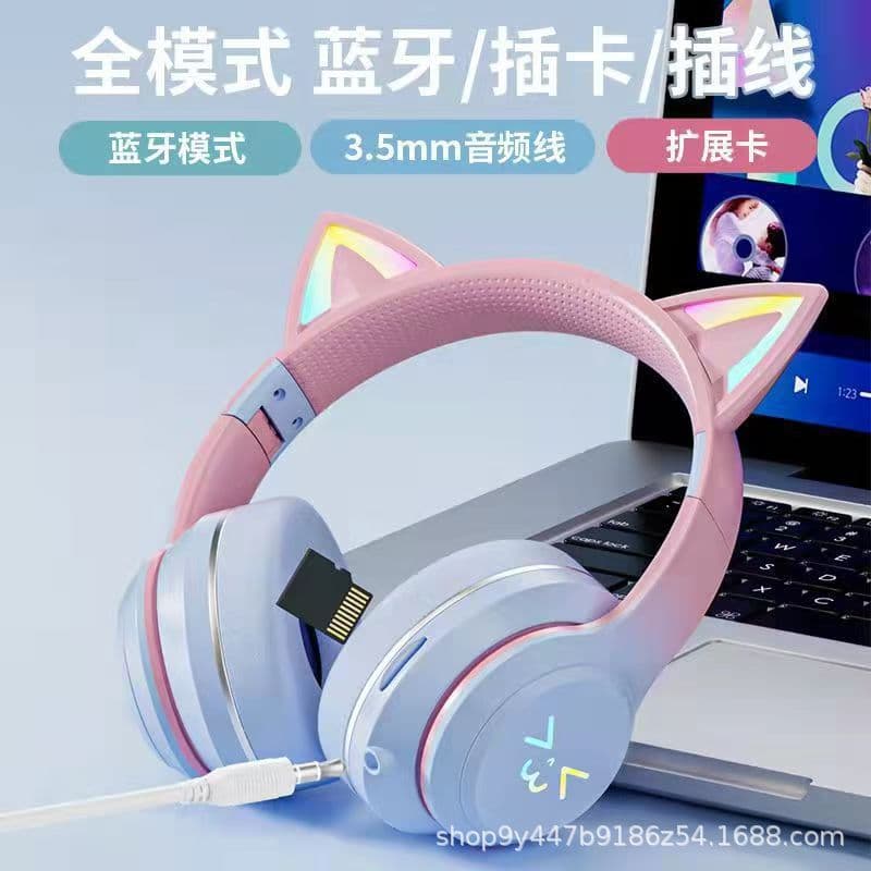 Macaron Wireless Bluetooth Headphones Over-Ear Demon Cat Ears for Android Apple