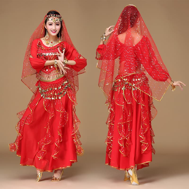 Indian Dance Costume Exotic Belly Dance Performance Outfit New Style Ethnic Dance Dress Long Sleeve Skirt Set