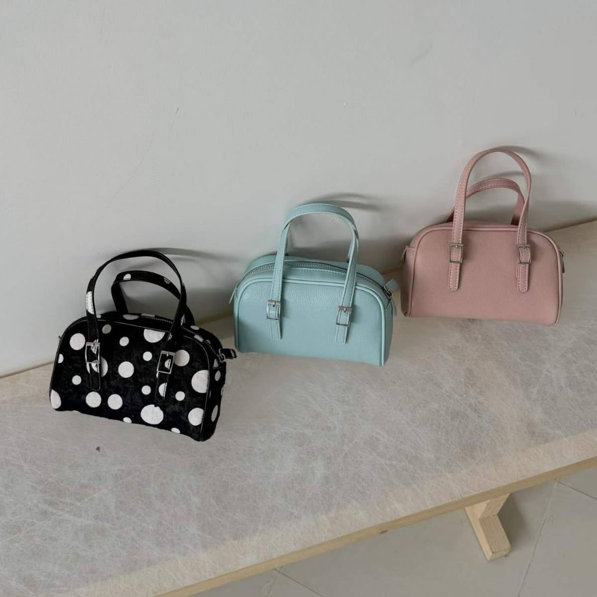 Korean Style Black and White Polka Dot Horsehair Crossbody Bag, Summer New Genuine Leather Boston Bag, Handheld Bowling Bag for Women