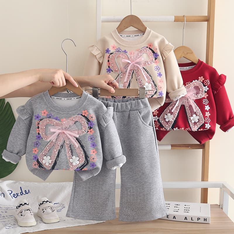 Girls Autumn Suit 2026 New Style Chic Baby Girl Large Bow Clothes Spring Autumn Hoodie Two-Piece Set Trendy