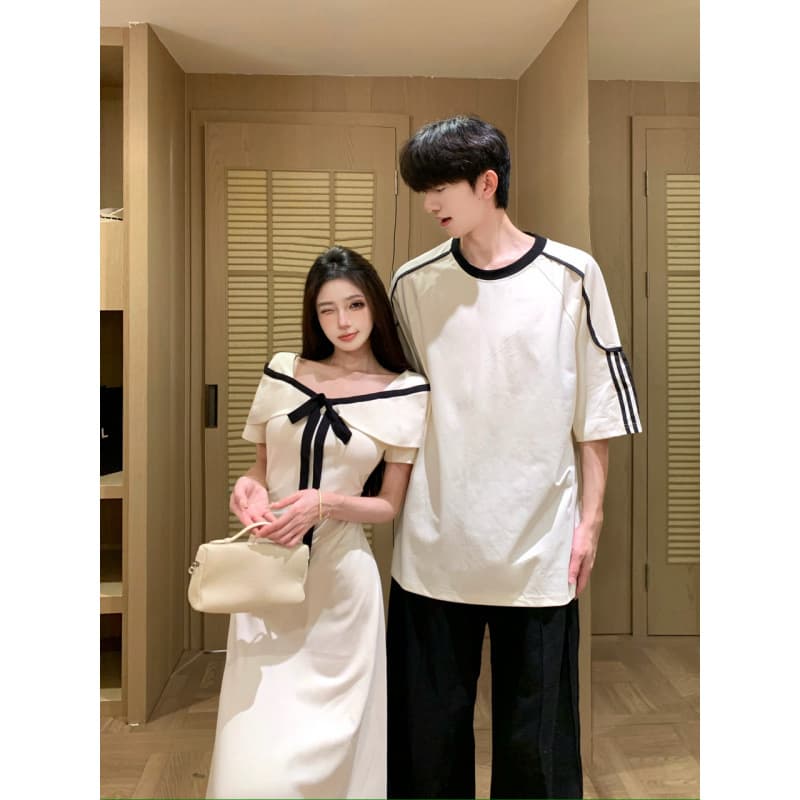 2026 Summer Couple Outfits French Temperament Apricot Dress Women’s Summer Bow Tie Waist A-Line Long Skirt