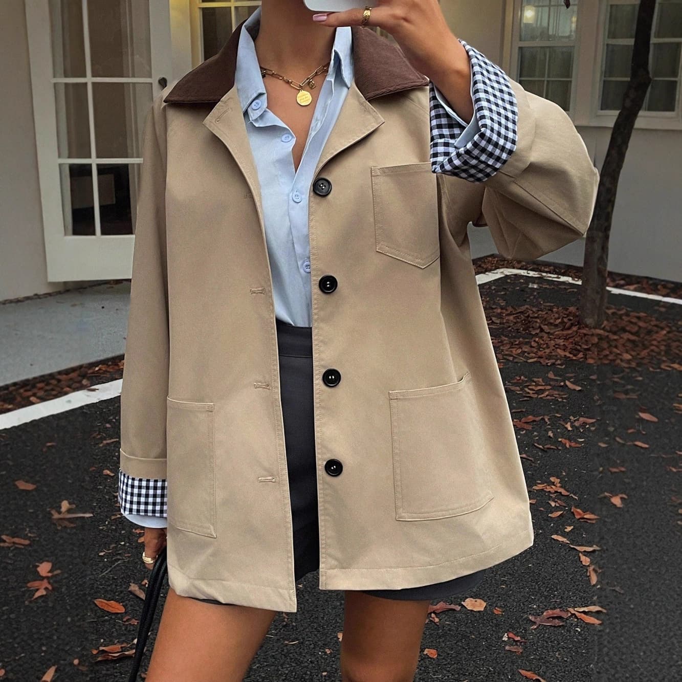 European and American Women's Casual Elegant Contrast Pocket Trench Coat Jacket for Amazon Cross-Border E-commerce