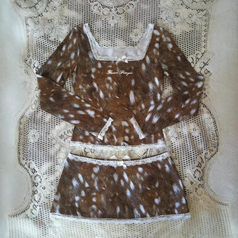 European and American retro fawn pattern letter print long-sleeved top sexy lace bow fashion skirt
