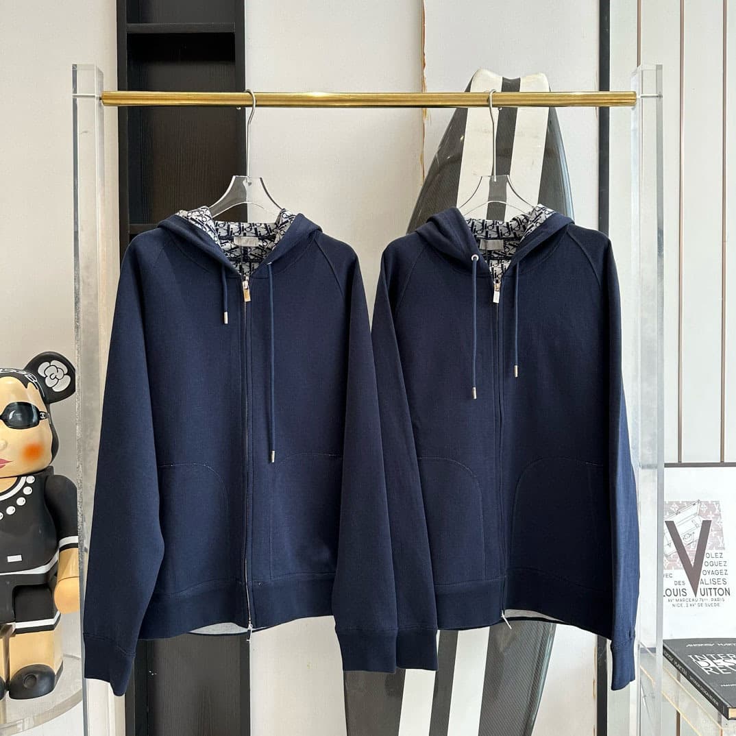 Classic High-Quality Pure Cashmere Lined CD Monogram Men's Hooded Zip Cardigan Sweatshirt men hoody