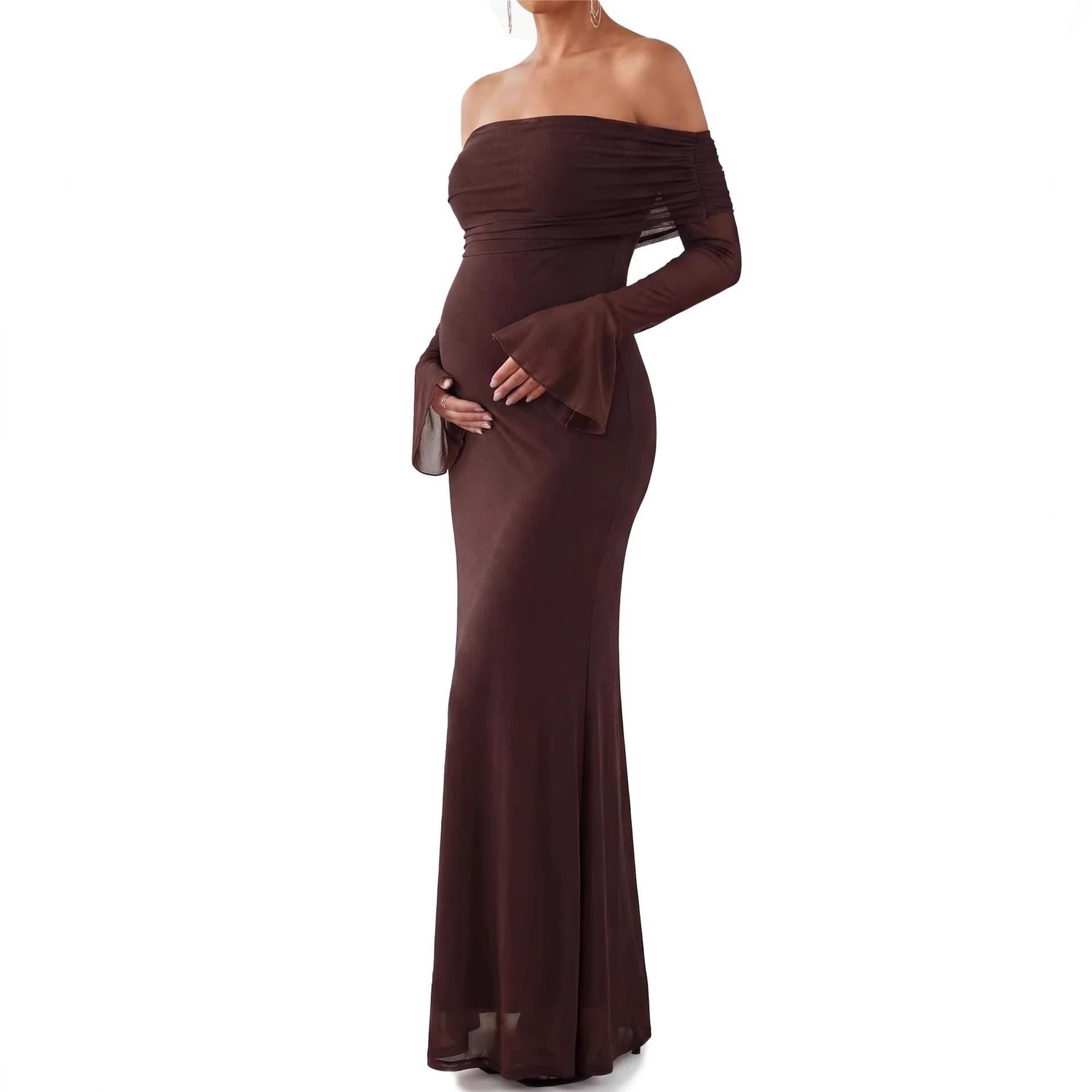 Women's Maternity Off Shoulder Long Sleeve Baby Shower Dress Mesh Bodycon Maxi Dress Formal Wedding Guest Dress