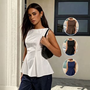 2025 New Black Round Neck Sleeveless Blouse for Women, Commute Fitted Waist Ruffle Hem Top