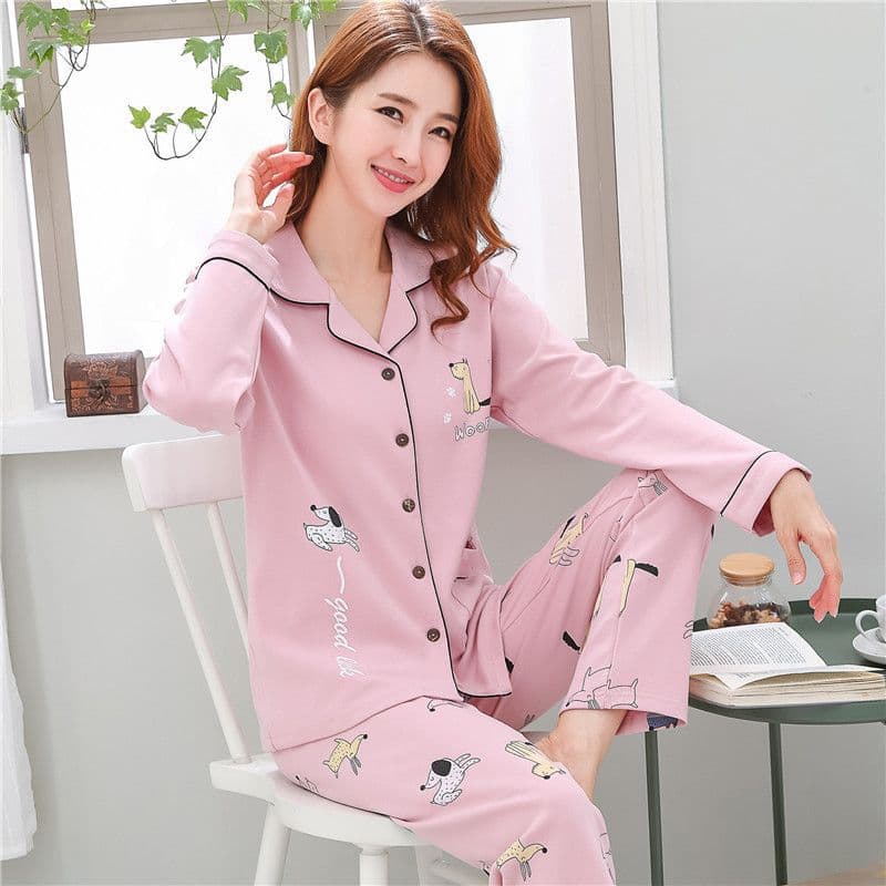 Spring and Autumn Pajamas Women's 100% Cotton Long Sleeve Women's Thin Cardigan Large Size Women's Confinement Clothing Home Clothing Set Winter