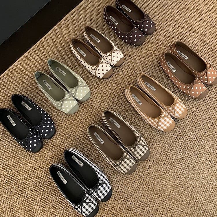 Korean Retro Polka Dot Plaid Flat Shoes for Women 2026 Spring New Shallow Bow Ballet Flats for Dresses