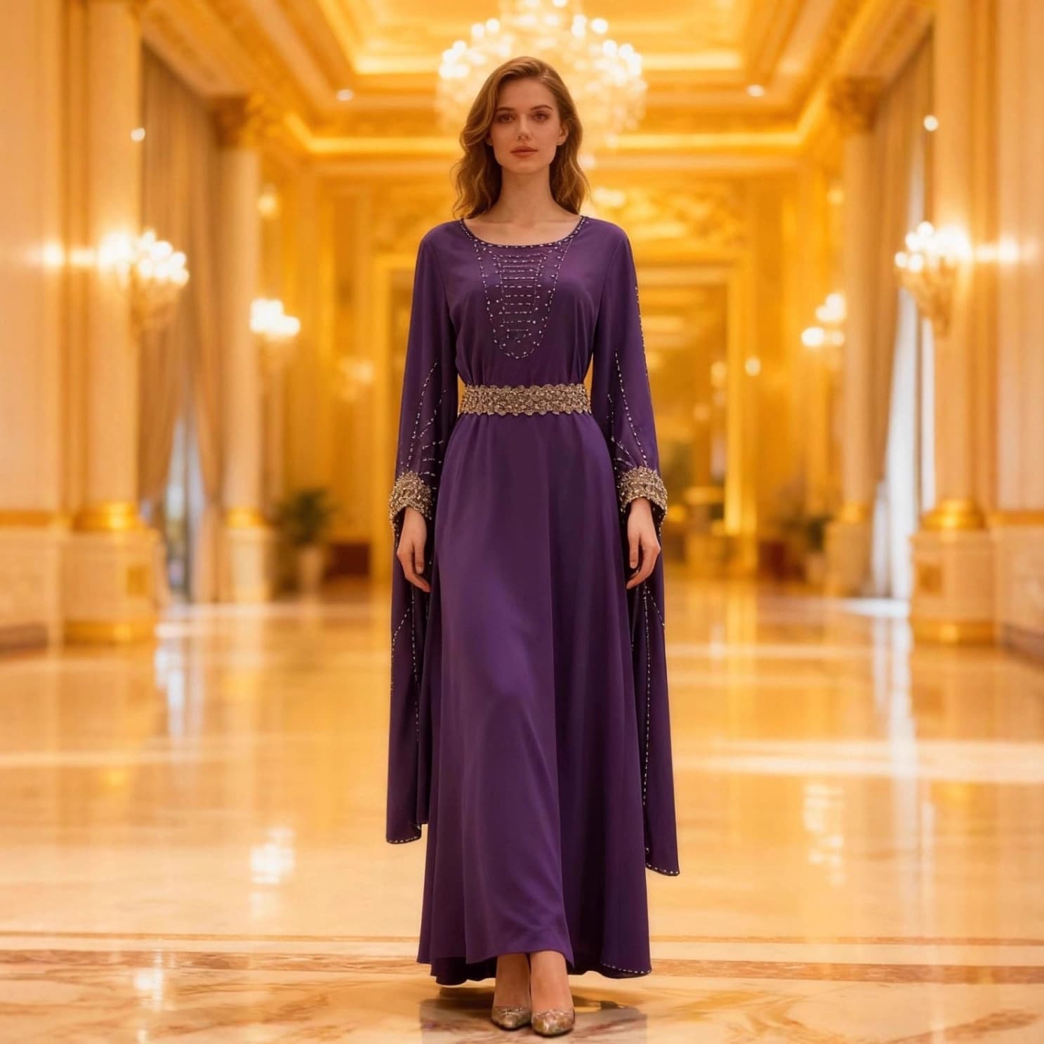 Women's Embroidered Abaya with Rhinestones, Extra-Long Sleeves, Maxi Dress for Cross-Border Trade