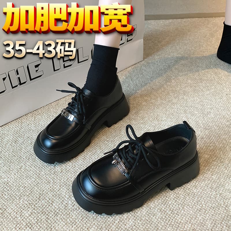 【B-138-20】Large Size Loafers Women Platform Versatile Japanese Style Lace-Up JK Leather Shoes Wide Width Women's Shoes