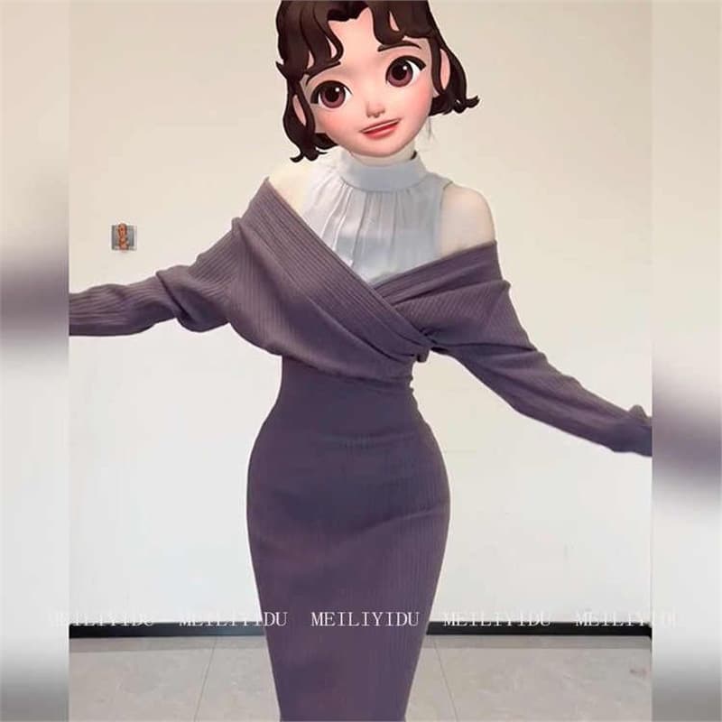 Plus-size women's dress with a stylish design, mesh and knit patchwork, off-shoulder, elegant, slimming, fishtail skirt.