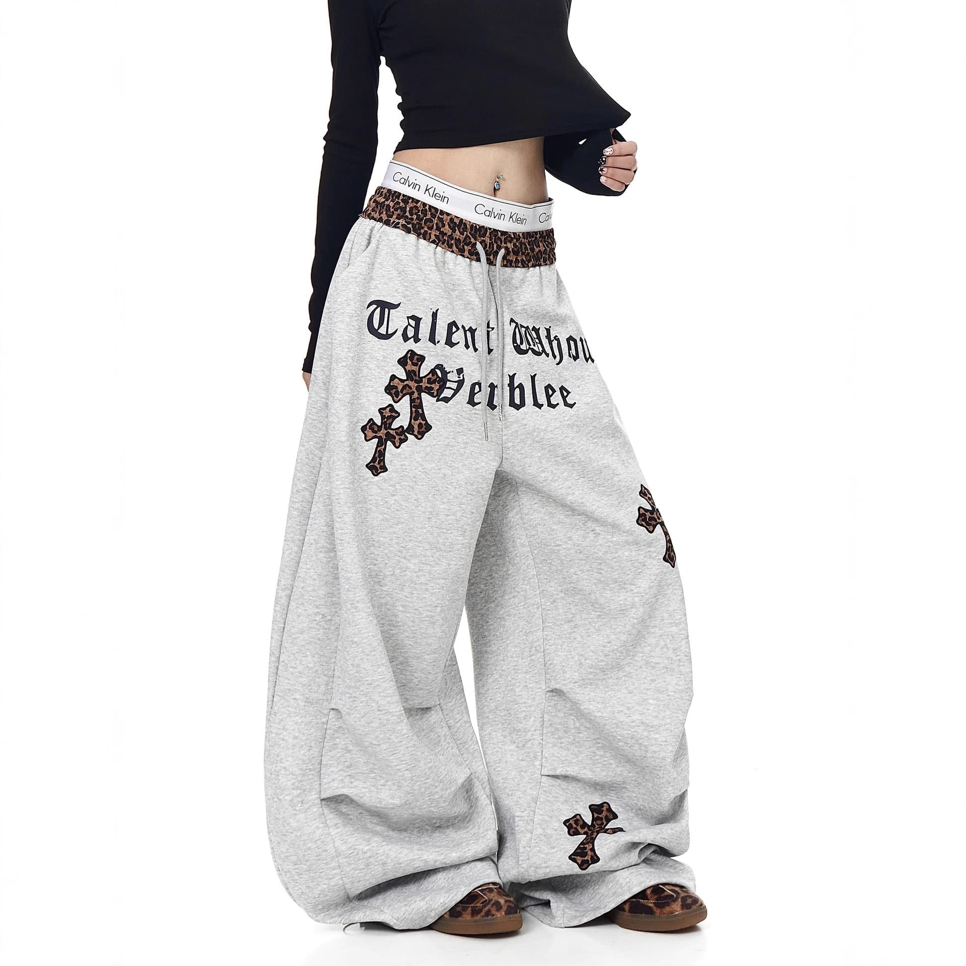 Retro hip-hop leopard print stitching Korean style lazy style pleated wide-leg sweatpants for women spring versatile jazz dance machete pants