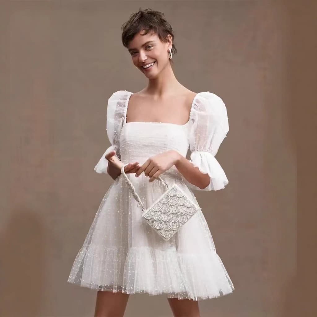 Cross-border Polka Dot Short Dress Puff Sleeve Short Wedding Dress Mini Cute Wedding Dress Square Neck Backless Customizable Factory Direct