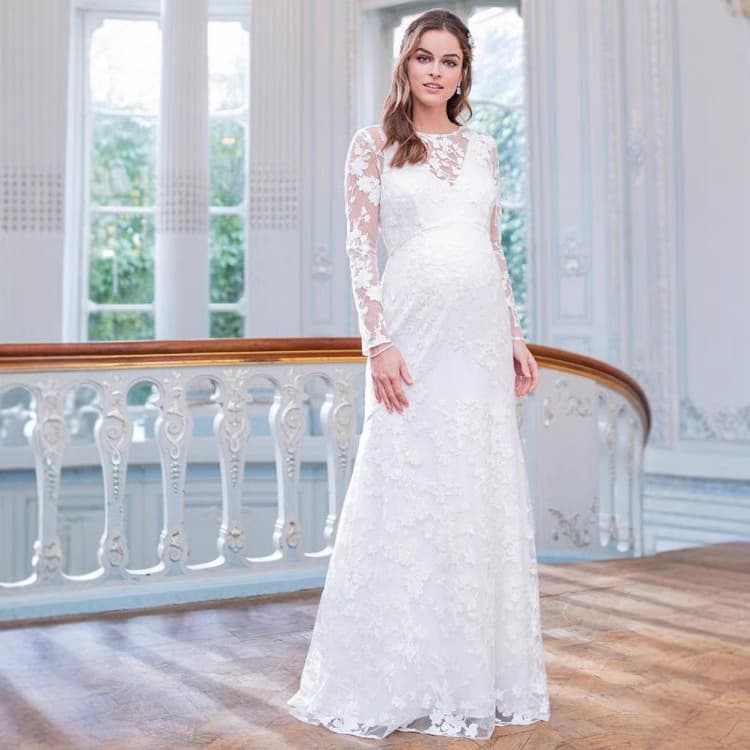 Maternity dress European and American maternity dress lace long-sleeved V-shaped back hem puff skirt maternity wedding dress