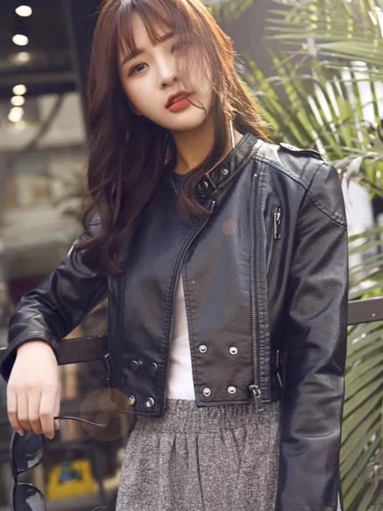 New Korean Style ZAKASA Versatile Short PU Leather Jacket for Women, Motorcycle Style, Slim Fit, Stand Collar, Spring and Autumn
