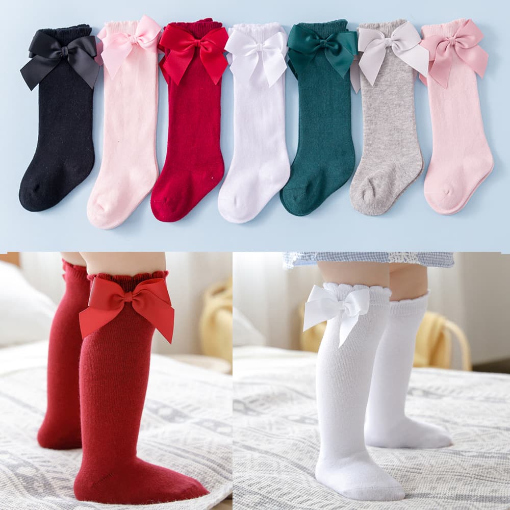 Baby knee-high socks, cute bow-knot style, perfect for 100-day and 1-year-old princess babies, mid-calf socks, girls' socks, spring and autumn style.
